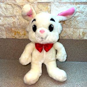 Vintage KARNAN plush stuffed bunny rabbit with red bow, pink ears and buck teeth
